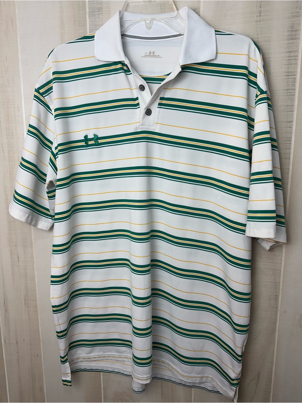 Under Armour Men’s White Polo with Green and Yellow Stripes